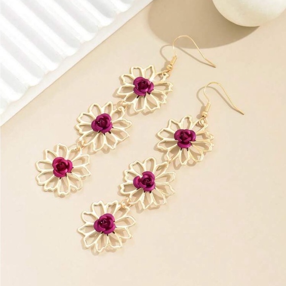 Gold Flower Earrings, Hot Pink Rose Earrings - Picture 2 of 4